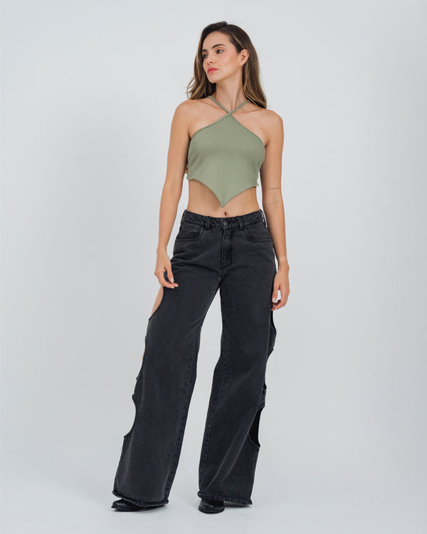 BLUSA AJUSTADA CUELLO HALTER OLIVO