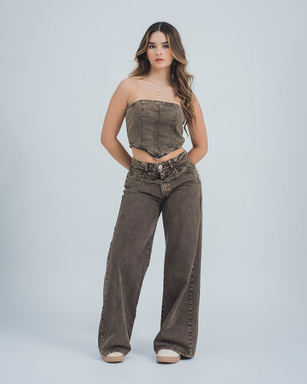 PANTALON WIDE LEG TALLE ALTO MARRONE