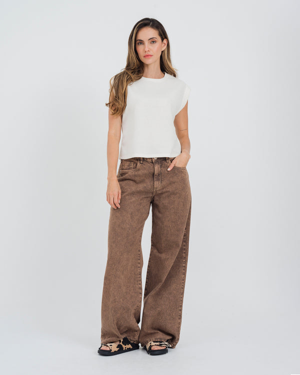 PANTALON WIDE LEG TALLE ALTO MARRONE