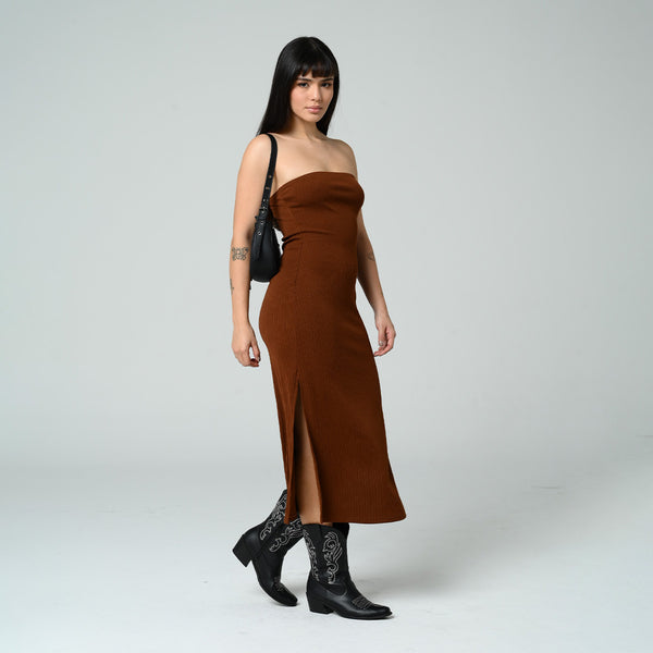 VESTIDO AJUSTADO LARGO STRAPLESS SAND