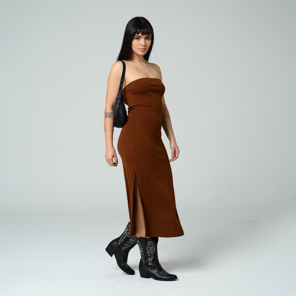 VESTIDO AJUSTADO LARGO STRAPLESS SAND