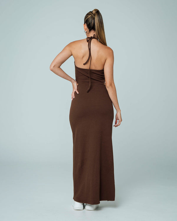 VESTIDO AJUSTADO LARGO CUELLO HALTER HEL